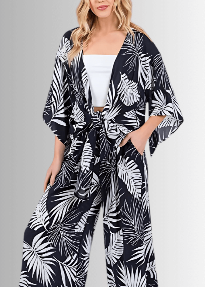 Made in USA Tie Front Accent Kimono Cardigan, Kimono Sleeves, Navy with White Palm Leaf Pattern, Waist Length, 100% Rayon Gauze | Classy Cozy Cool Made in USA Boutique