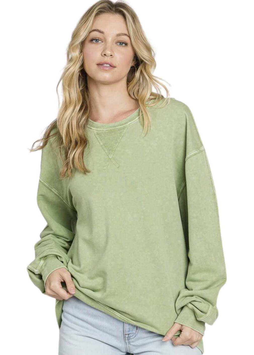 Made in USA Misses Oversized Cotton Mineral Washed Sweatshirt in Antique Sage | Made in USA with USA Cotton | Classy Cozy Cool Women's Made in America Boutique