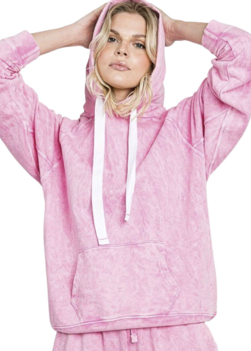 Ladies Cotton Mineral Washed French Terry Sweatshirt Hoodie with Kangaroo Pocket in Pink | Made in USA with USA Cotton | Classy Cozy Cool Women&
