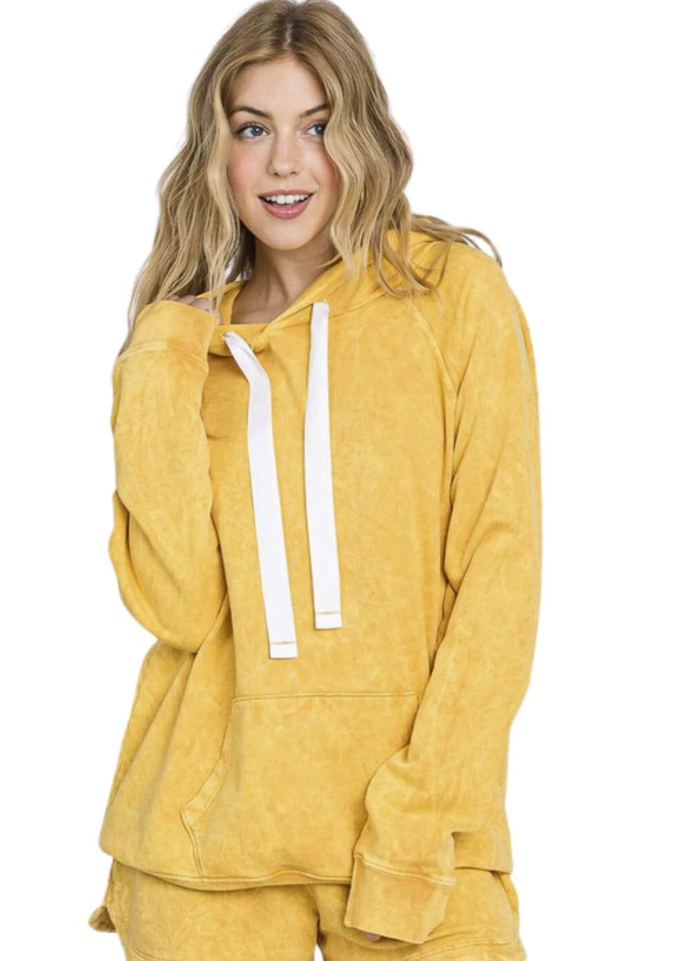 Ladies Cotton Mineral Washed French Terry Sweatshirt Hoodie with Kangaroo Pocket in Apricot Yellow | Made in USA with USA Cotton | Classy Cozy Cool Women's Made in America Boutique