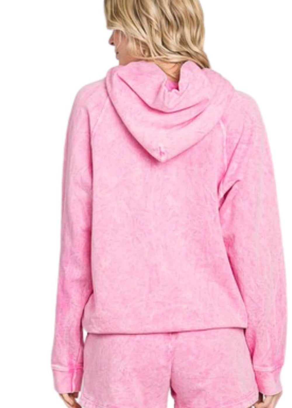 Ladies Cotton Mineral Washed French Terry Sweatshirt Hoodie with Kangaroo Pocket in Pink | Made in USA with USA Cotton | Classy Cozy Cool Women's Made in America Boutique