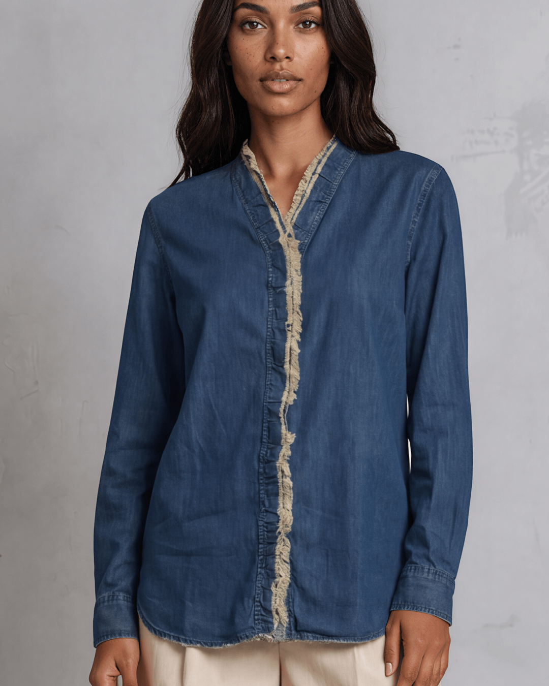 Jaded Gypsy Cutting Edge Button Down Lace Detail Cotton Denim Top With Raw Edge Detail | Made In USA | Made in America Women's Boutique