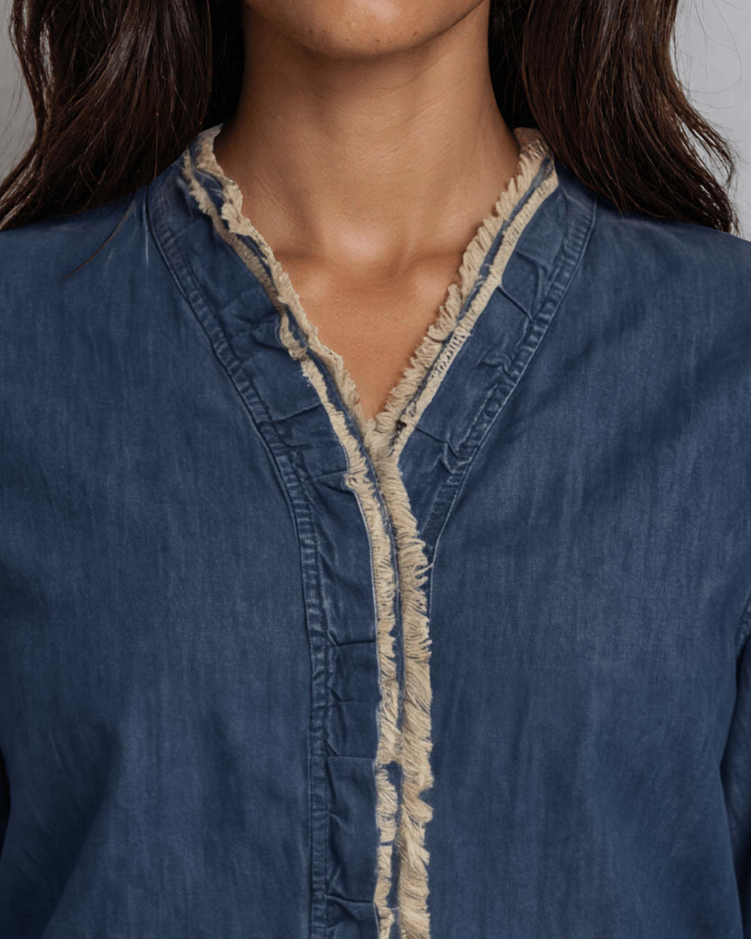 Jaded Gypsy Cutting Edge Button Down Lace Detail Cotton Denim Top With Raw Edge Detail | Made In USA | Made in America Women&