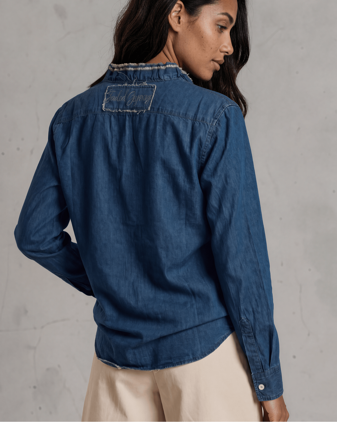 Jaded Gypsy Cutting Edge Button Down Lace Detail Cotton Denim Top With Raw Edge Detail | Made In USA | Made in America Women&