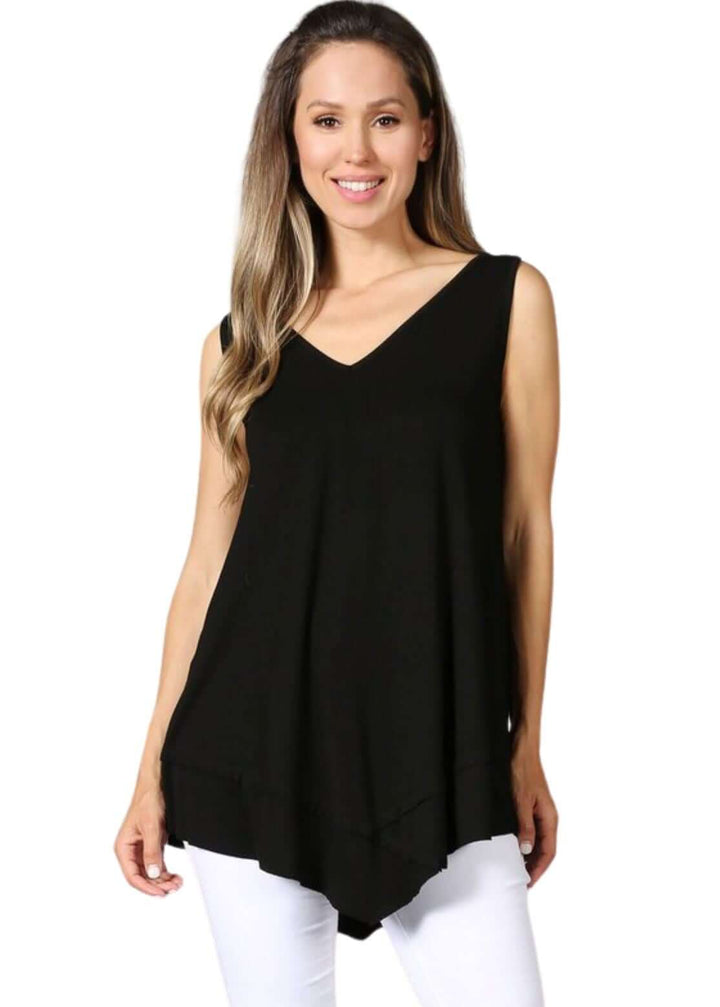 USA Made Ladies Black Sleeveless V-Neck Asymmetrical Top | Chatoyant Style C11307 | Classy Cozy Cool Women&