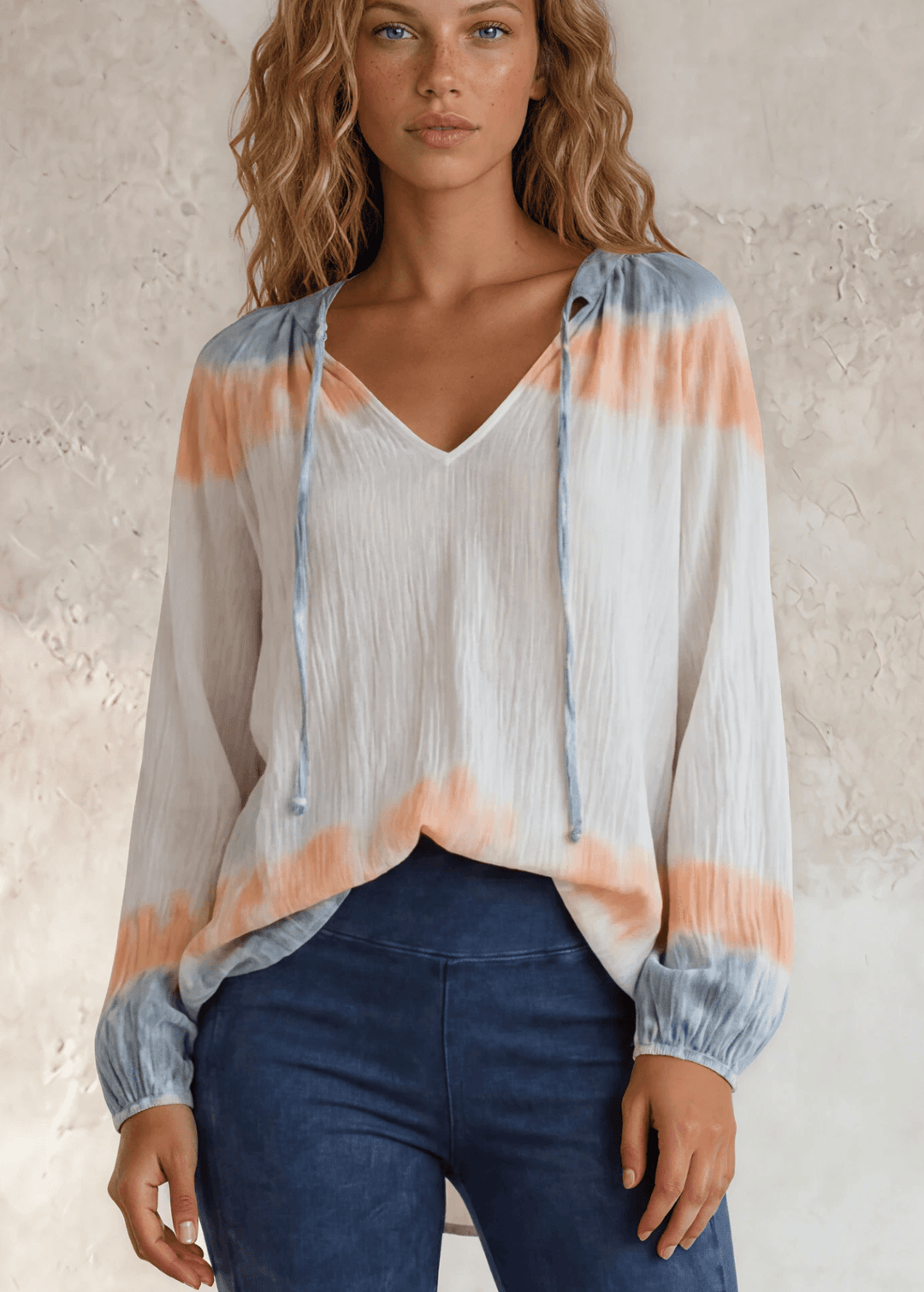 USA Made Premium Ladies Cotton Gauze Oversized Tie Dye Color Block Blouse in White with Blue & Peach Colors | Classy Cozy Cool Women's Made in America Clothing Boutique