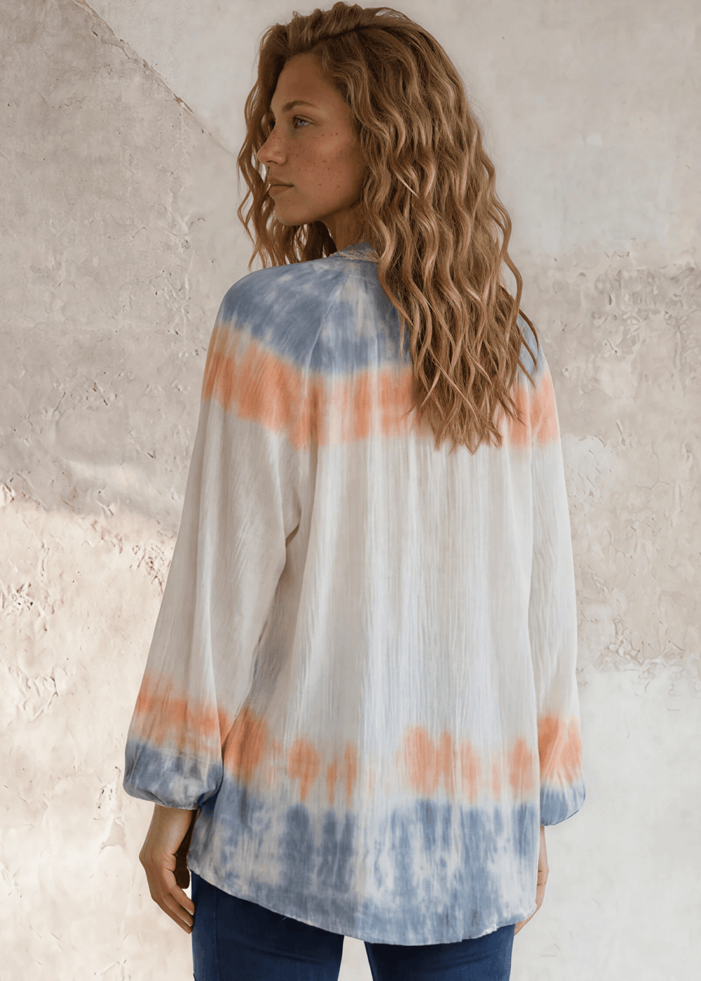 USA Made Premium Ladies Cotton Gauze Oversized Tie Dye Color Block Blouse in White with Blue & Peach Colors | Classy Cozy Cool Women's Made in America Clothing Boutique