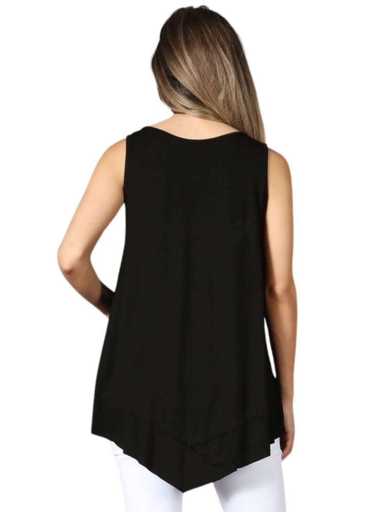 USA Made Ladies Black Sleeveless V-Neck Asymmetrical Top | Chatoyant Style C11307 | Classy Cozy Cool Women&