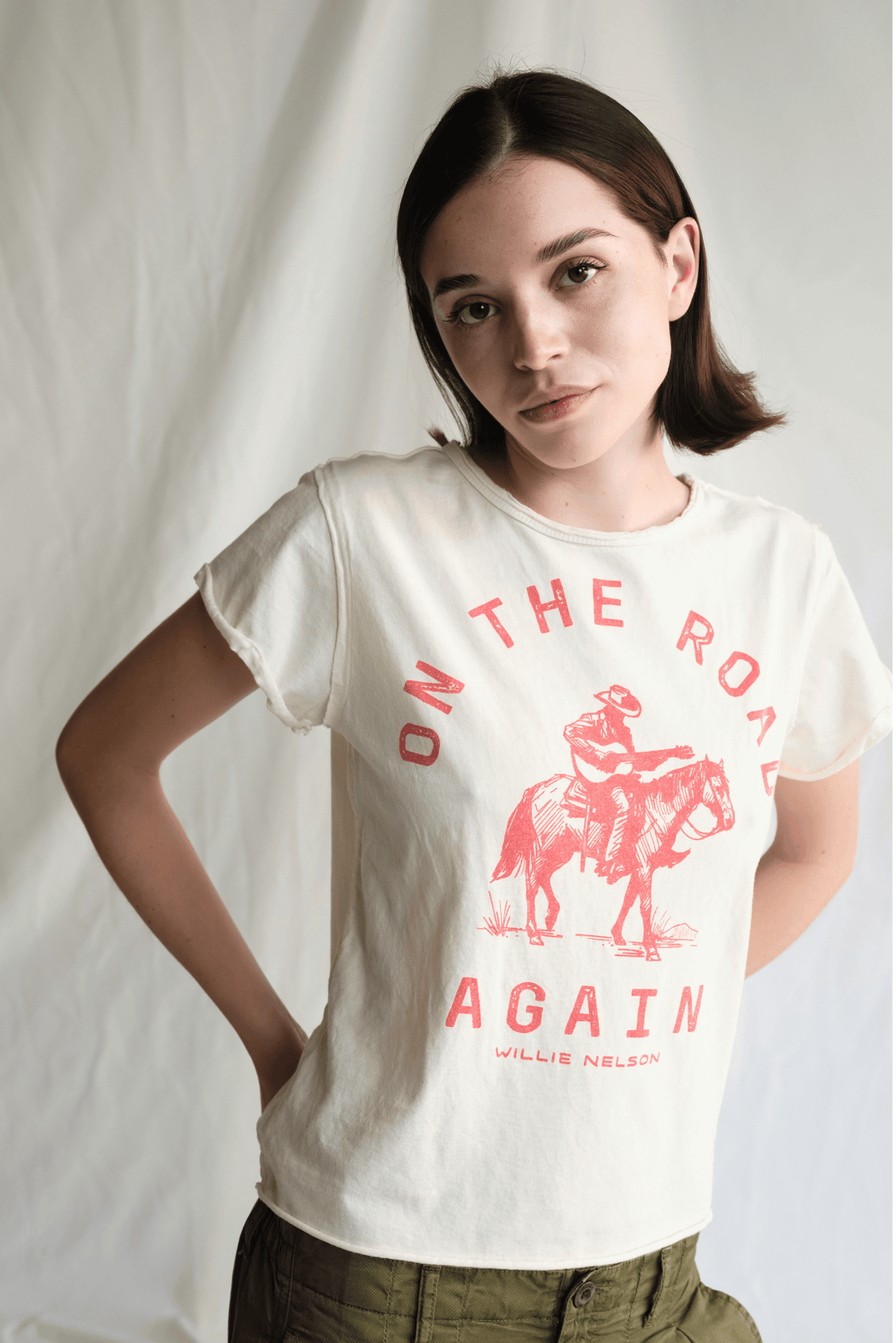 Willie Nelson On The Road Again Tee by People of Leisure — 100% cotton graphic tee in Vanilla. Made in LA. Sizes XS–XL