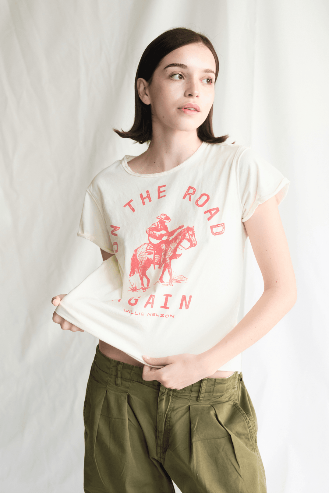 Willie Nelson On The Road Again Tee by People of Leisure — 100% cotton graphic tee in Vanilla. Made in LA. Sizes XS–XL