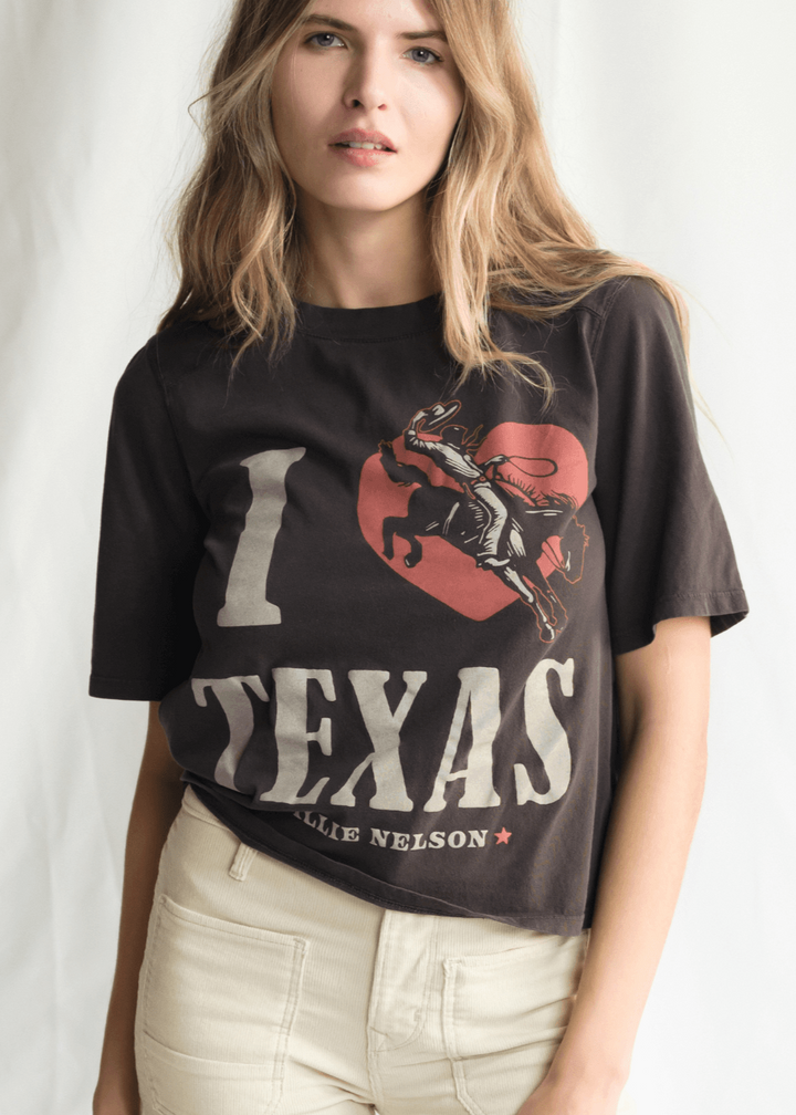 Willie Nelson I Love Texas Top by People of Leisure — 100% cotton graphic tee in Vintage Black. Made in LA. Sizes XS–X