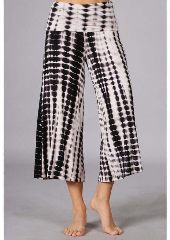 Ladies Super Soft Black & White Dyed Fold Over Waist Gaucho Pants | Made in USA | Chatoyant Style# C30692 | Classy Cozy Cool Women's Made in America Boutique