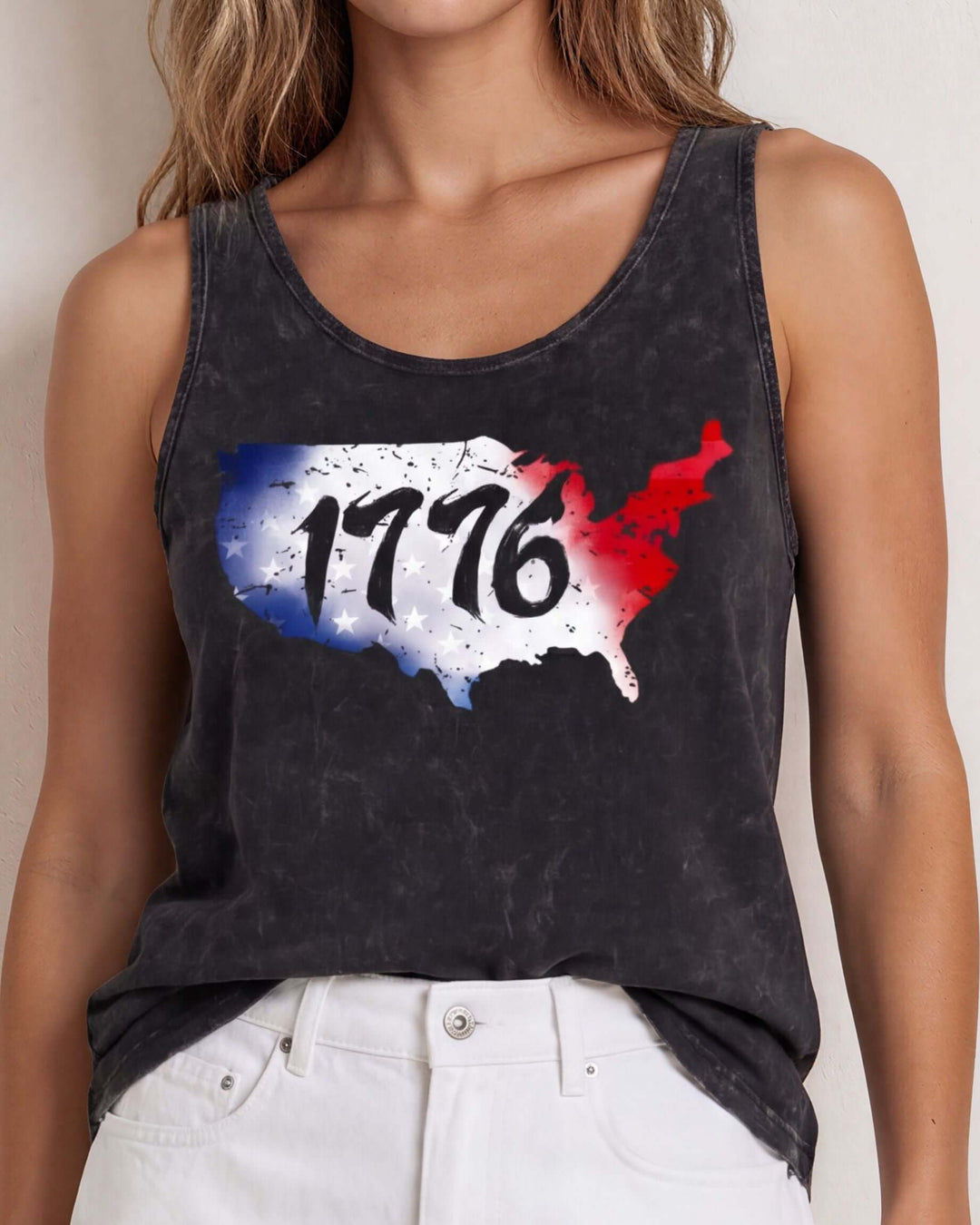 Distressed USA map graphic tank with 1776 cut-out, red white & blue stars. Made in USA, mineral-washed, loose fit, 95% cotton. Perfect for 4th of July.