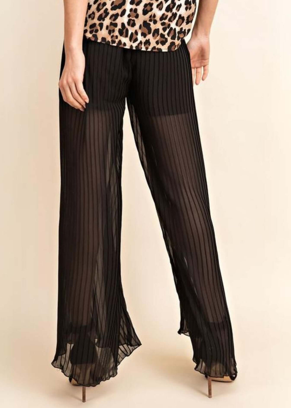 Made in USA Women's Bold & Beautiful Black Sheer Wide Leg Flowy Pleated Pants with Short Length Lining for Going Out & Dressy Events | Classy Cozy Cool Women's Made in America Boutique