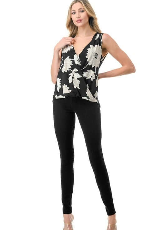 Ladies Made in USA Surplice Design Dressy V-Neck Blouse in Black and White Textured Floral Print | Classy Cozy Cool Made in America Boutique