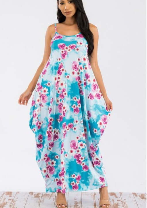 Ladies Floral Tropical Resort Maxi Cami Dress With Pockets in Turquoise & Fuchsia | Made in USA | Classy Cozy Cool Women's Made in America Boutique