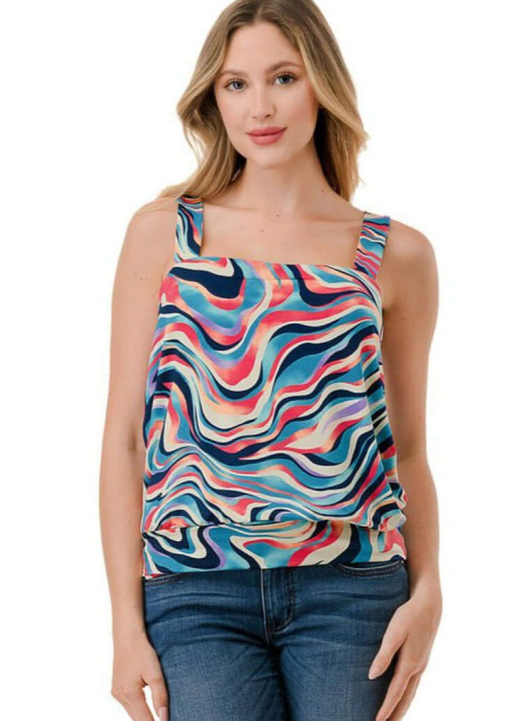 Ladies Colorful Band Bottom Tank, styled view, Made in USA