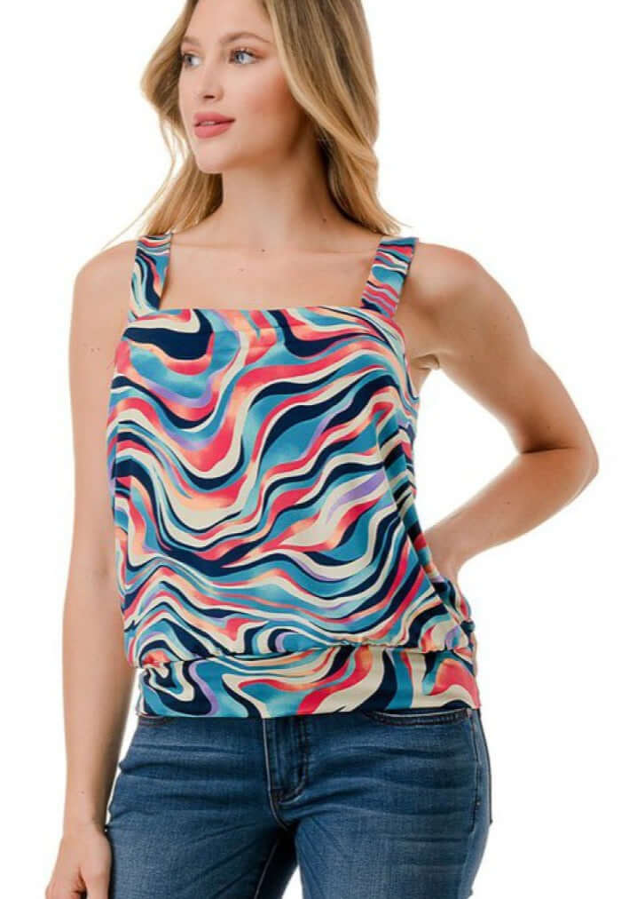 Ladies Colorful Band Bottom Tank, Made in USA