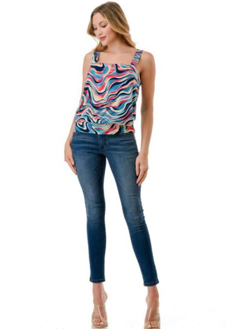 Ladies Colorful Band Bottom Tank, close-up detail, Made in USA