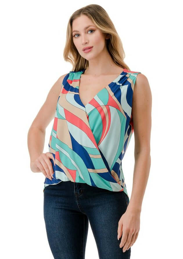 Ladies Made in USA Surplice Design Dressy V-Neck Blouse in Colorful Abstract Print | Classy Cozy Cool Made in America Boutique