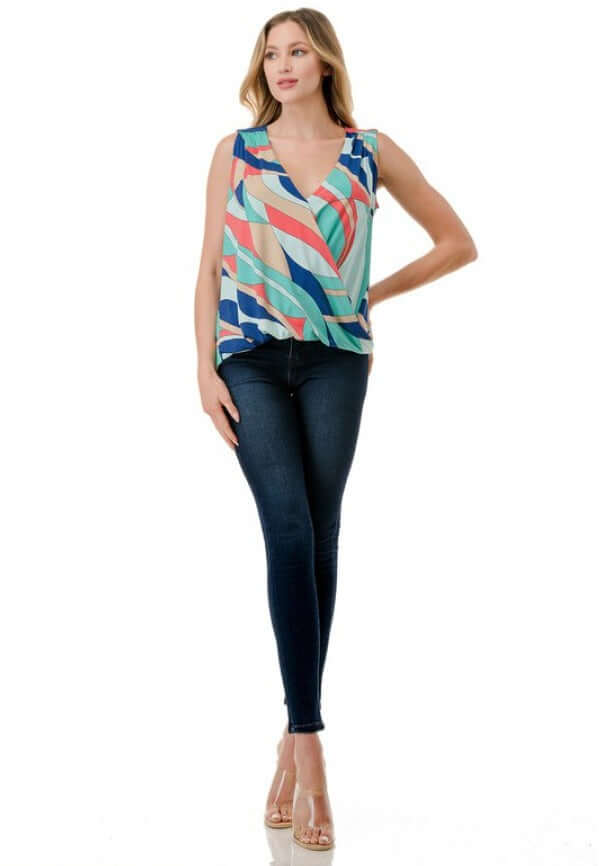 Ladies Made in USA Surplice Design Dressy V-Neck Blouse in Colorful Abstract Print | Classy Cozy Cool Made in America Boutique