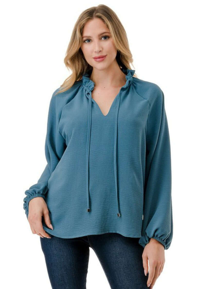 Made in USA Ruffled Neck Textured Satin Dressy Top with Tie Front V-Neck and  Long Puff Sleeves in Teal | Classy Cozy Cool Women's Made in USA Boutique