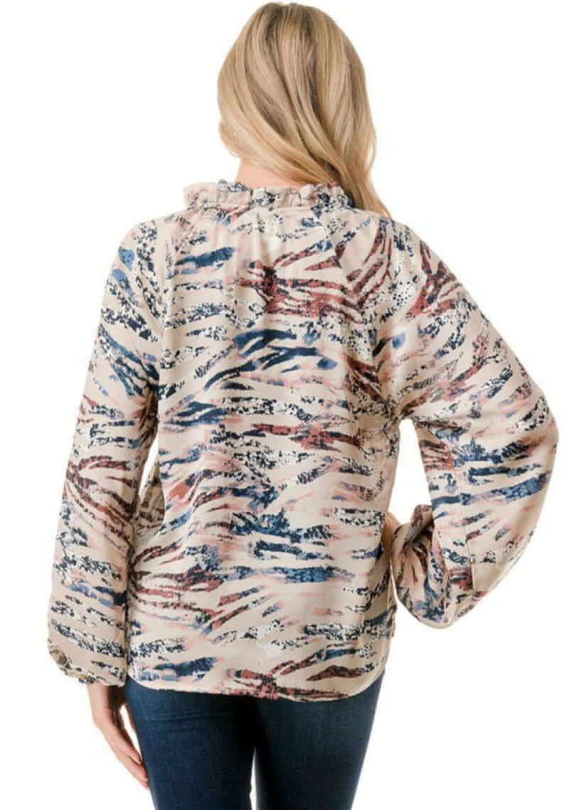 Made in USA Colorful Ruffled Neck Textured Satin Zebra Print Dressy Top with Tie Front V-Neck and  Long Puff Sleeves | Classy Cozy Cool Women's Made in USA Boutique