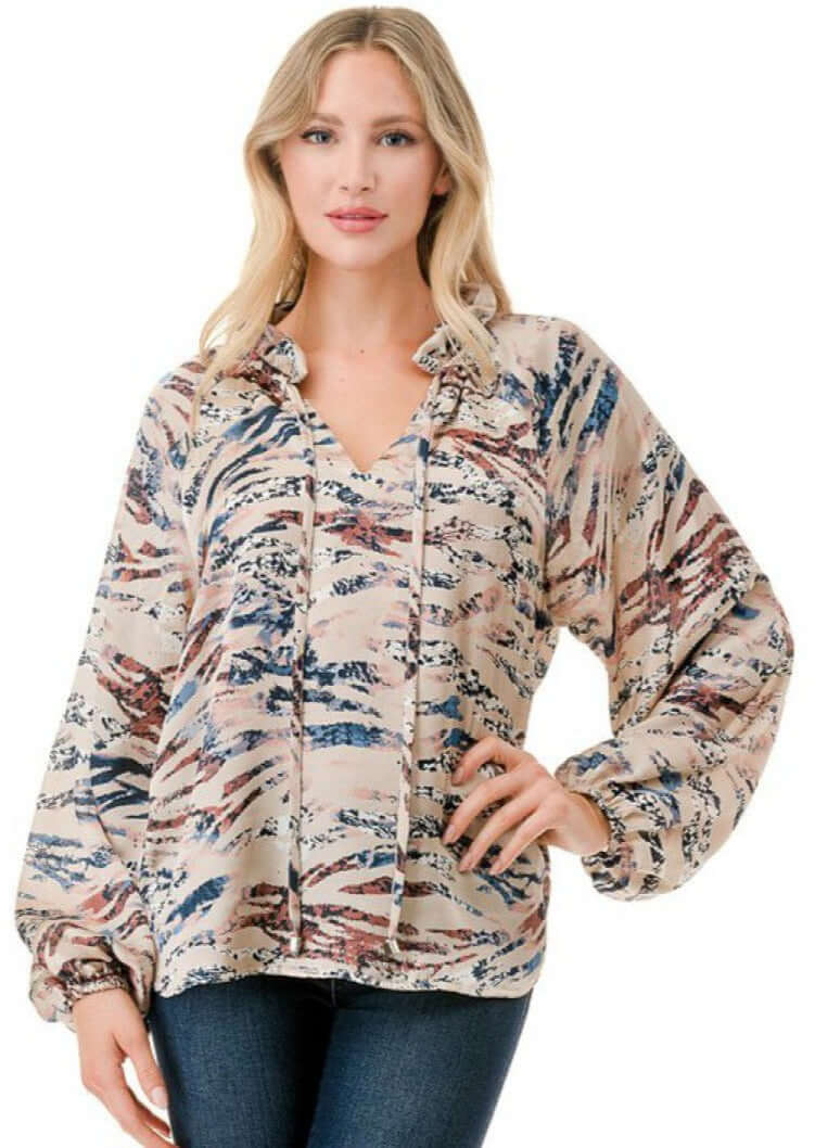 Made in USA Colorful Ruffled Neck Textured Satin Zebra Print Dressy Top with Tie Front V-Neck and  Long Puff Sleeves | Classy Cozy Cool Women's Made in USA Boutique