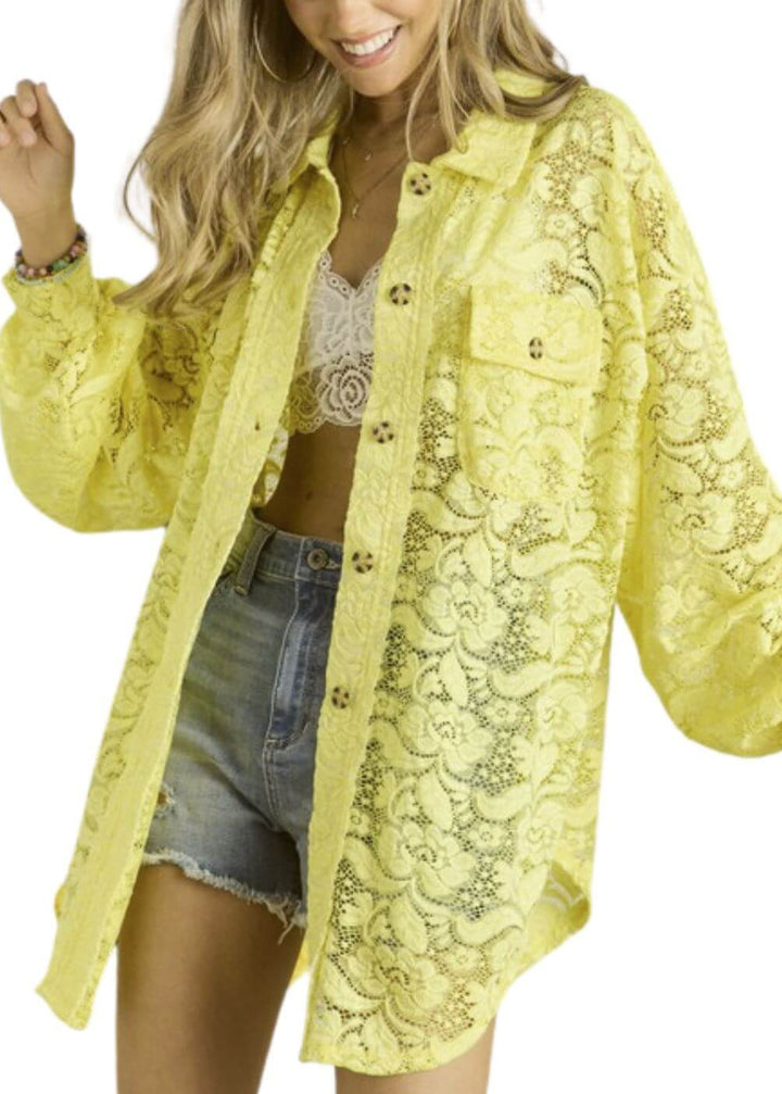 Ladies Oversized Sheer Sunny Yellow Button Down Long Length Floral Lace Tunic Shirt | Made in USA | Classy Cozy Cool Women&