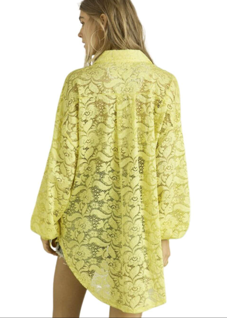 Ladies Oversized Sheer Sunny Yellow Button Down Long Length Floral Lace Tunic Shirt | Made in USA | Classy Cozy Cool Women&