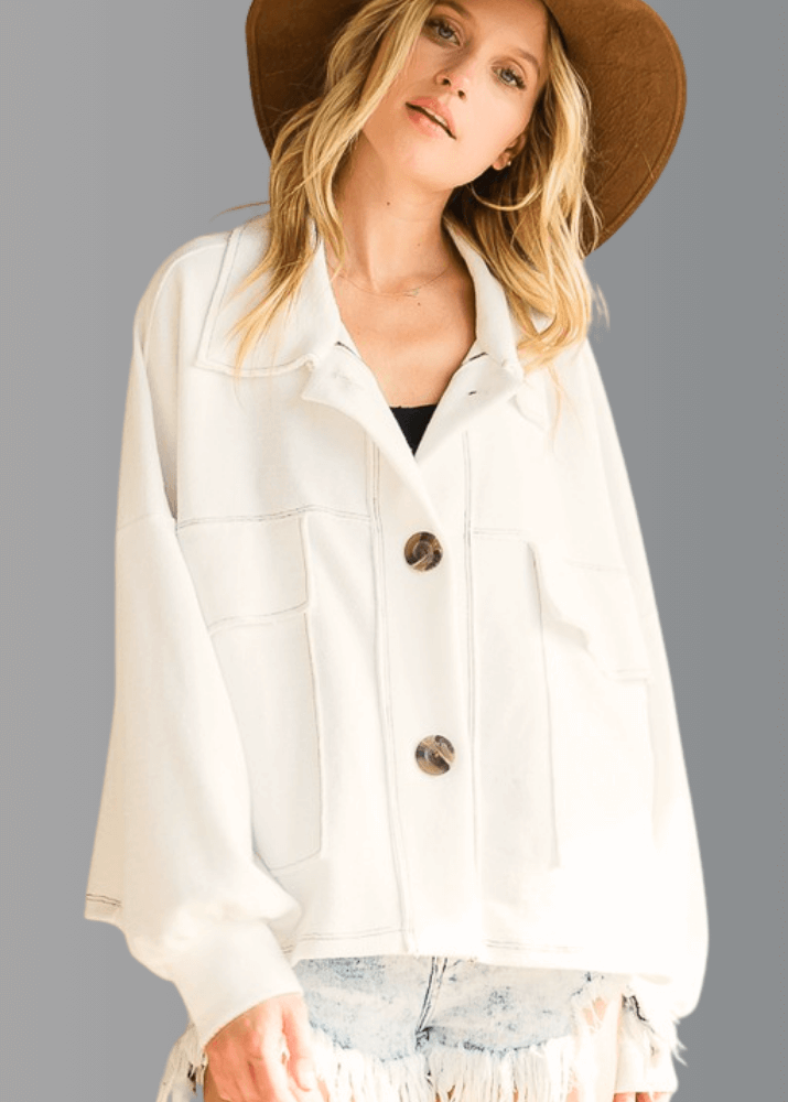 Bucket List | Style T1220 | Oversized French Terry Cotton Button Down Shacket with Stitch Detail in Off White | Made in the USA | Classy Cozy Cool Women’s Clothing Boutique