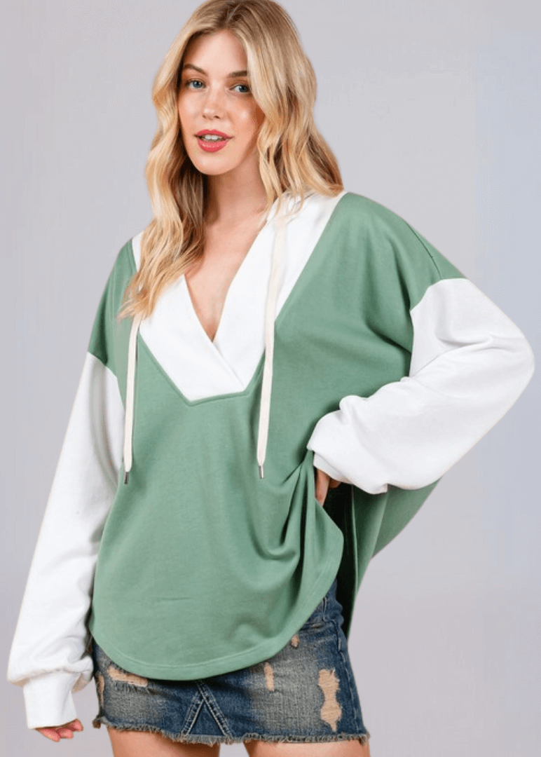 Made in USA Women's Contrast Oversized Hoodie Sweatshirt Hoodie with Drawstring, Deep V-Neck, Drop Shoulder, 2-Tone Contrast Available in Sage/White and Beige/Taupe | Classy Cozy Cool Made in America Boutique