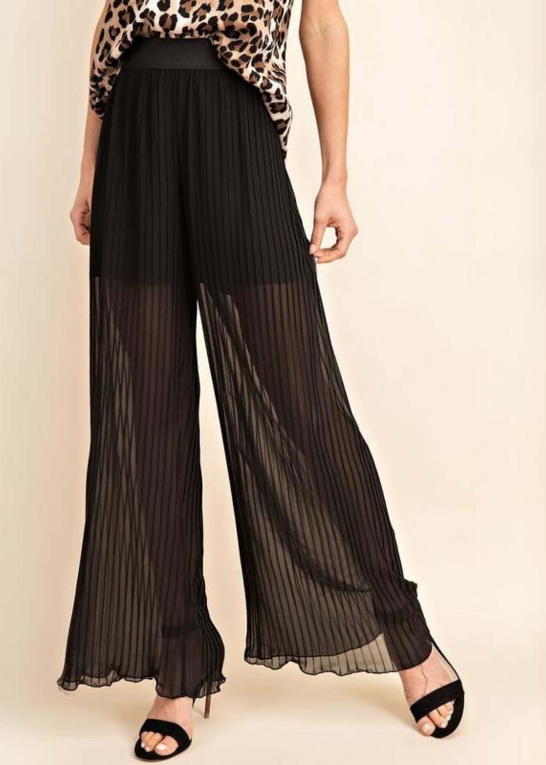 Made in USA Women's Bold & Beautiful Black Sheer Wide Leg Flowy Pleated Pants with Short Length Lining for Going Out & Dressy Events | Classy Cozy Cool Women's Made in America Boutique