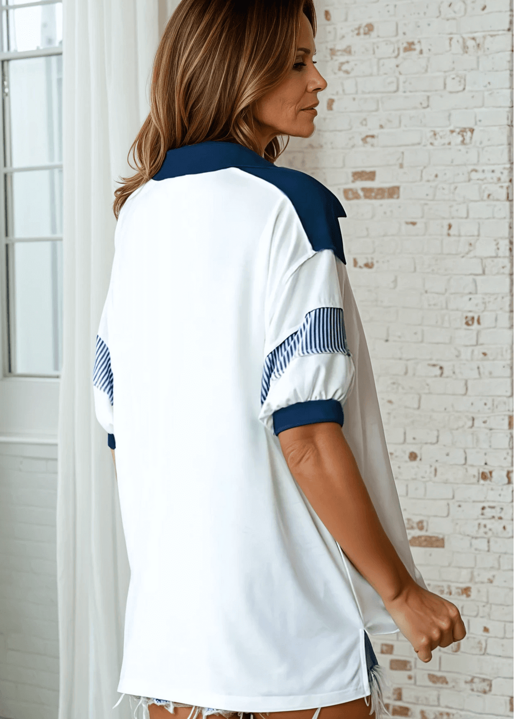Made in USA Women's White & Navy Collared Oversized Short Sleeve Shirt, V- Neck, Navy Solid and Striped Detail on Collar and Sleeves, Exposed Stitching Detail 