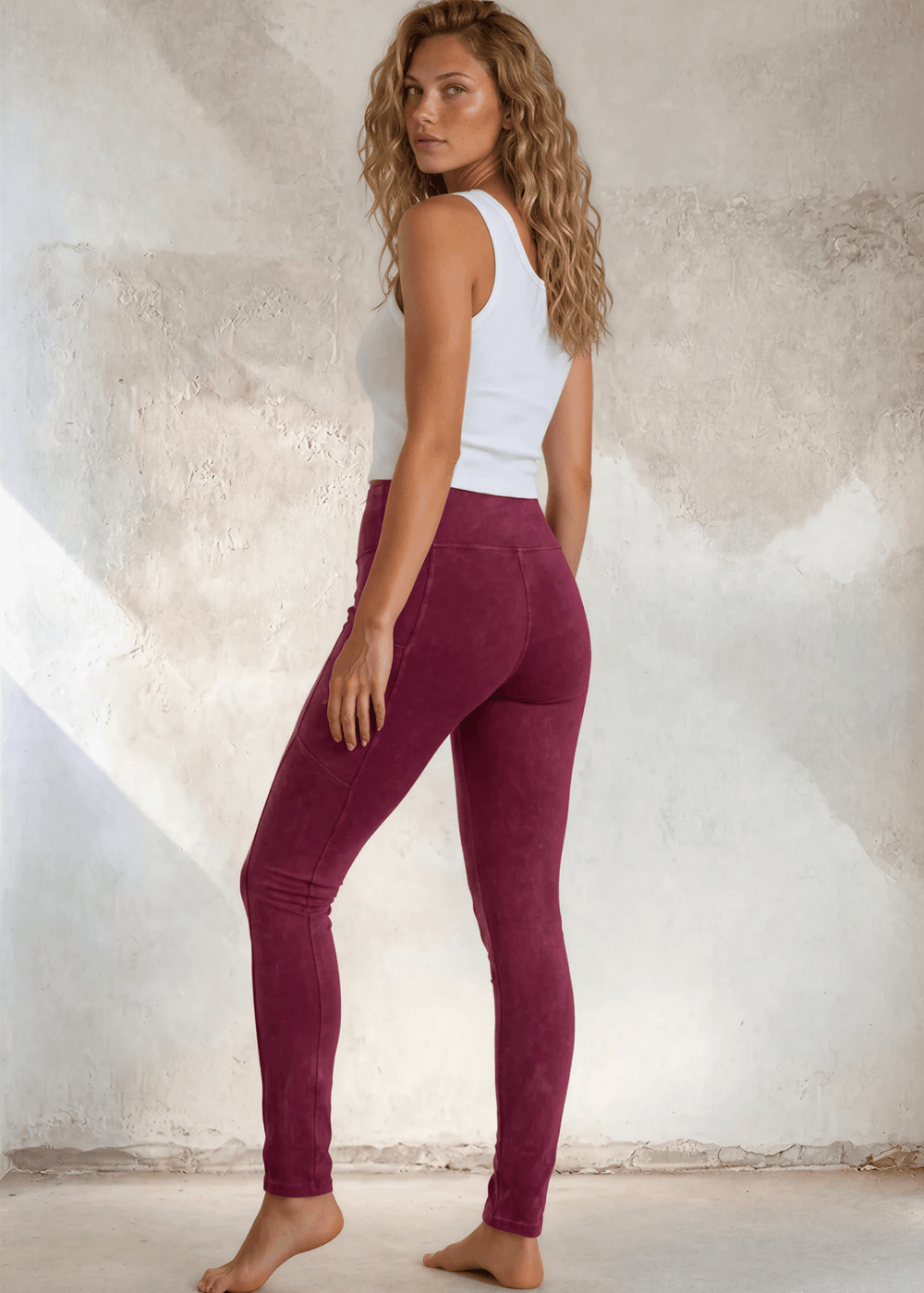 Made in USA Women's Tummy Control Wide Waistband Cotton Spandex Garment Washed Solid Leggings with Large Side Pockets in Mineral Washed Raspberry | Classy Cozy Cool Made in America Boutique