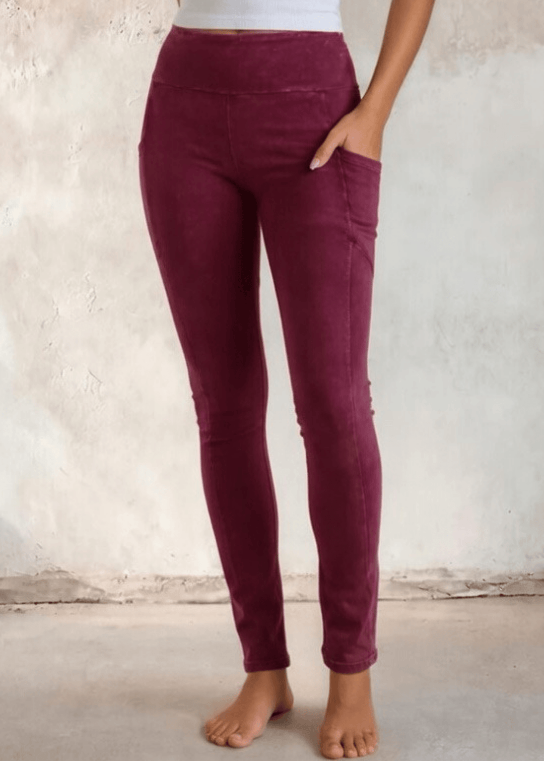Made in USA Women's Tummy Control Wide Waistband Cotton Spandex Garment Washed Solid Leggings with Large Side Pockets in Mineral Washed Raspberry | Classy Cozy Cool Made in America Boutique