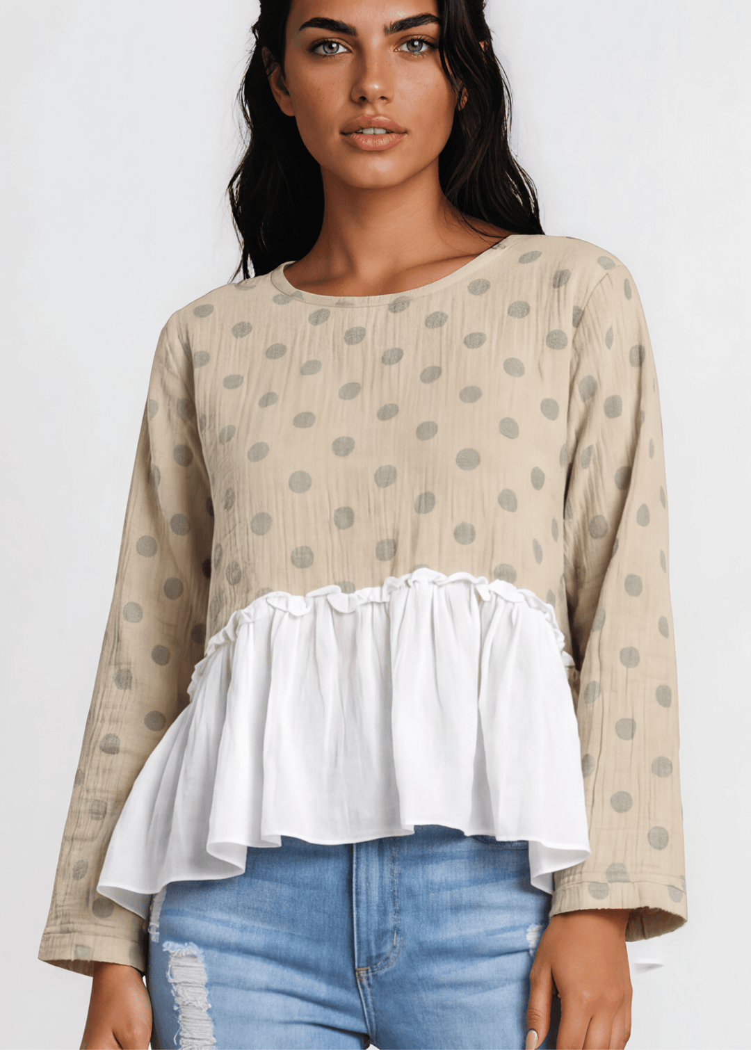 Made in USA Jaded Gypsy Looking Back Top, Women's Polka Dot Flounce Ruffle Oversized Flowy Fit Tow in High/Low Design, Taupe and White,  Long Sleeves, 100% Cotton 