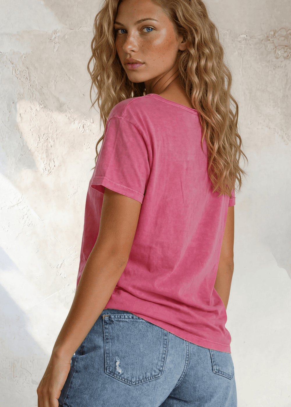 Made in USA, Jessie Tee, Women's Relaxed Fit Cotton Mineral Washed Pocket T-Shirt in Fuchsia with Wide Round Neckline | Classy Cozy Cool Made in America Boutique 
