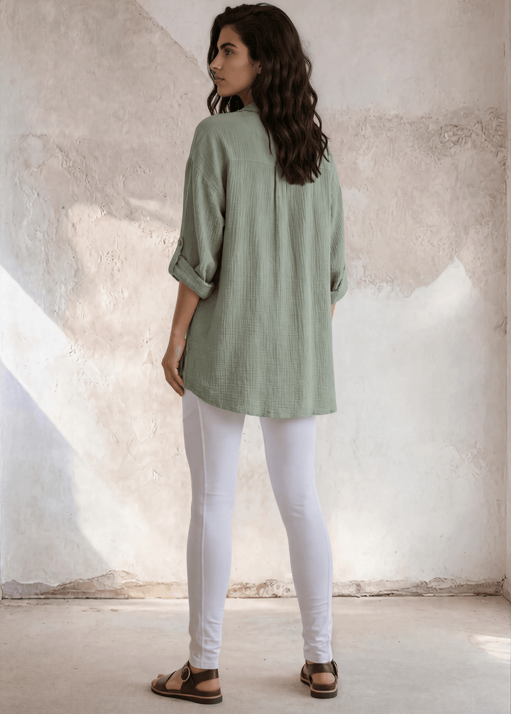 USA Made Women's Soft Mineral Washed Gauze Oversized Cotton Button Down Shirt with Half Sleeves & Side Pockets in Olive | Classy Cozy Cool Made in America Boutique