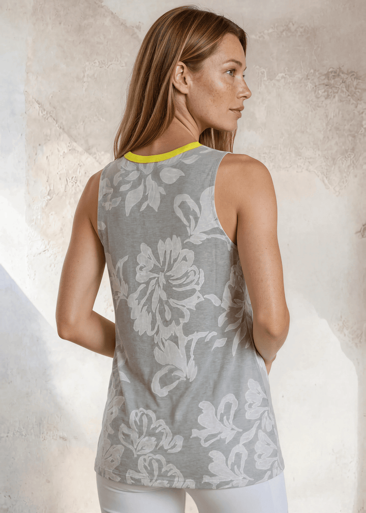 Made in USA womens Floral V-Neck Design, Grommet Detail Sleeveless Top in Gray 