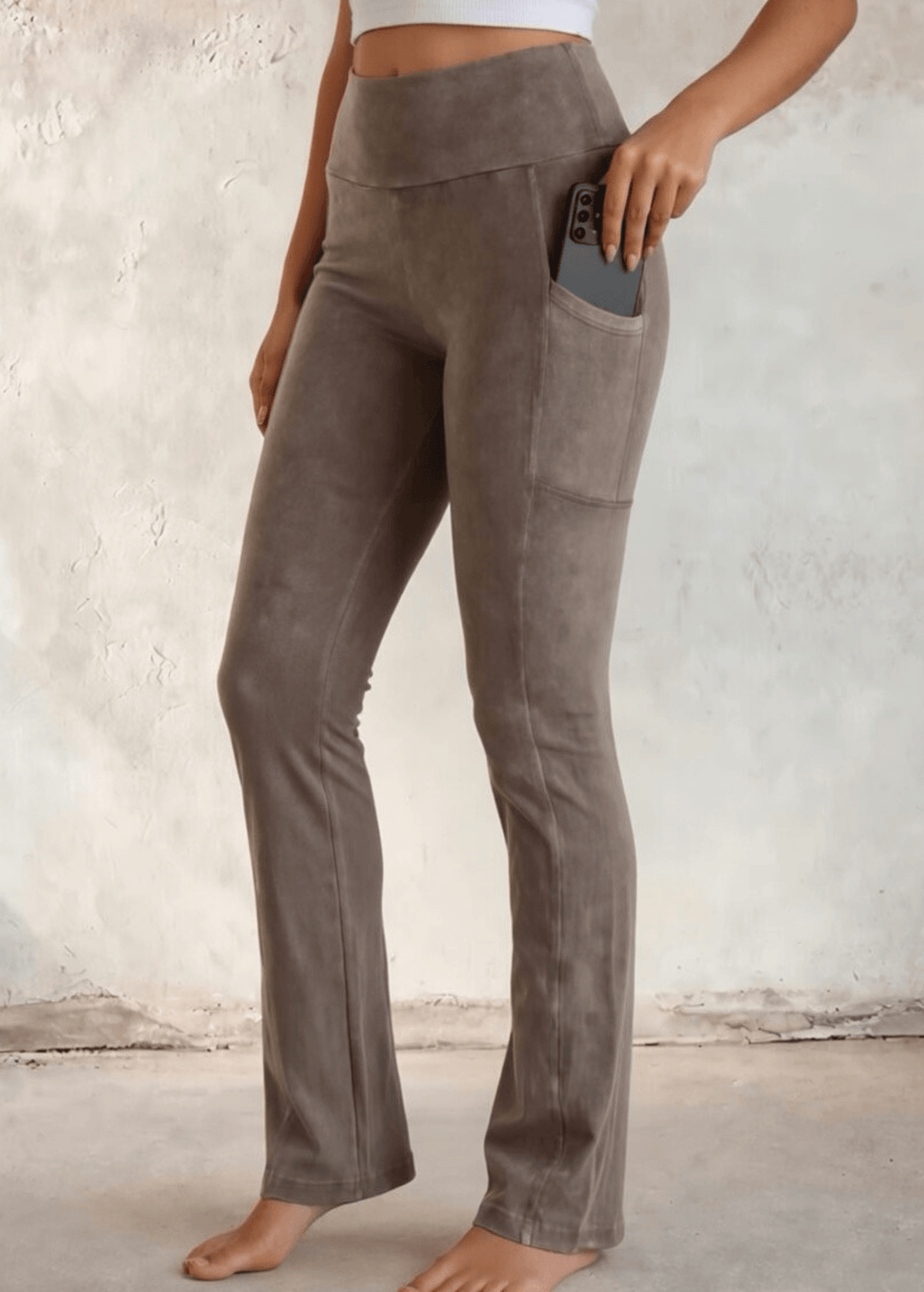 Made in USA Women's Perfect Fit Tummy Control High Rise Wide Waistband Cotton Spandex Mineral Washed Bootcut Leggings with Large Side Pockets in Taupe Denim | Classy Cozy Cool Made in America Boutique