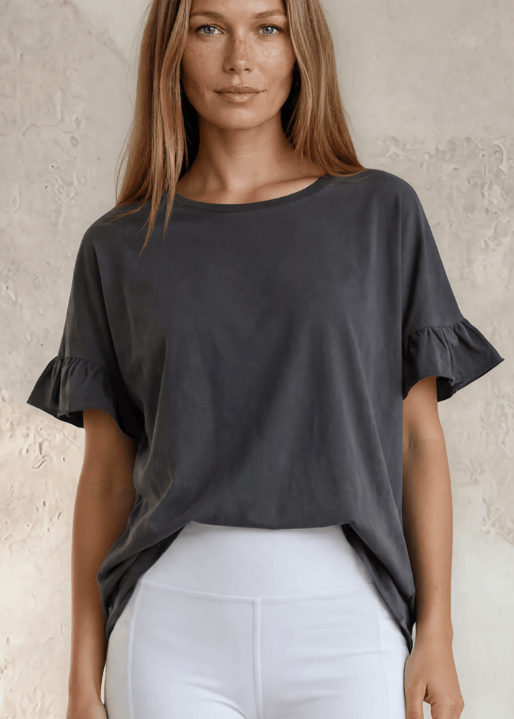 USA Made Premium 100% Cotton Super Soft Mineral Washed Oversized Ladies Tee with   Ruffle Sleeves in Southwest Red or Charcoal Gray | Classy Cozy Cool Made in America Clothing Boutique