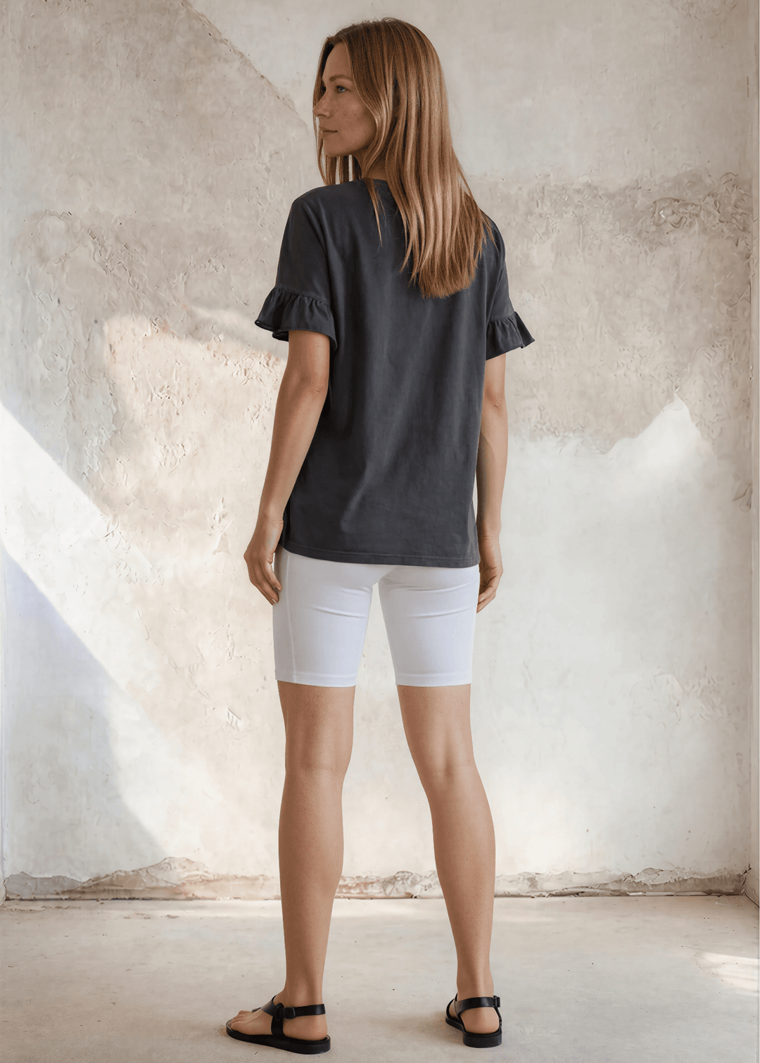 USA Made Premium 100% Cotton Super Soft Mineral Washed Oversized Ladies Tee with   Ruffle Sleeves in Southwest Red or Charcoal Gray | Classy Cozy Cool Made in America Clothing Boutique