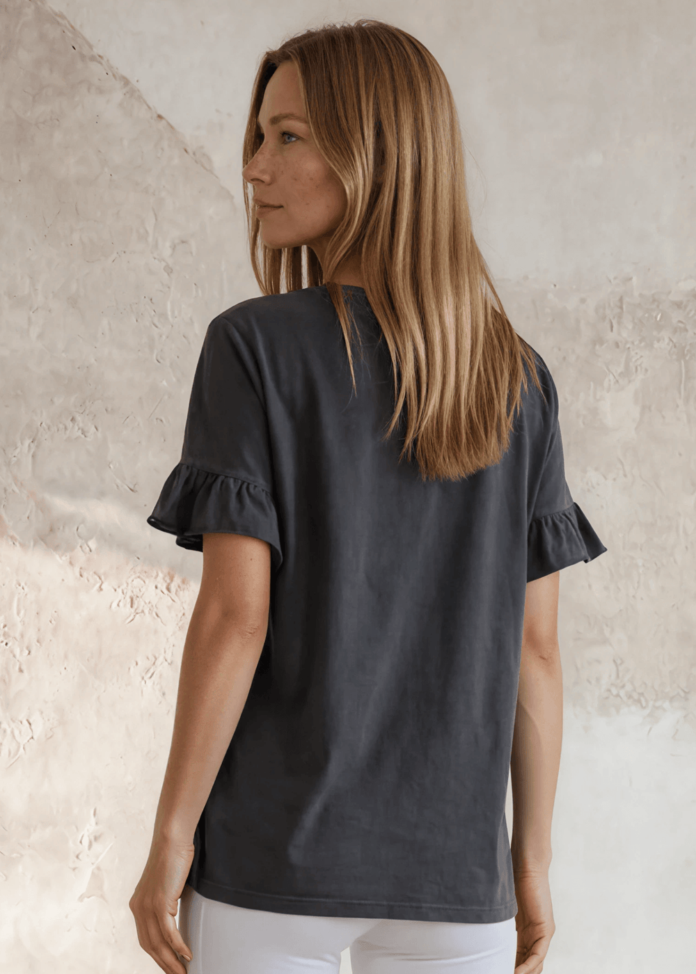 USA Made Premium 100% Cotton Super Soft Mineral Washed Oversized Ladies Tee with   Ruffle Sleeves in Southwest Red or Charcoal Gray | Classy Cozy Cool Made in America Clothing Boutique