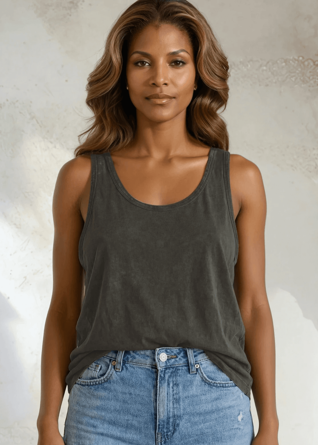 Twenty Four Seven Tank Top | Women's Sustainable and durable premium America-made cotton tank top, in Mineral Washed Vintage Dark Moss Green, Wide Round Neck, Loose Fit, Made with USA grown cotton