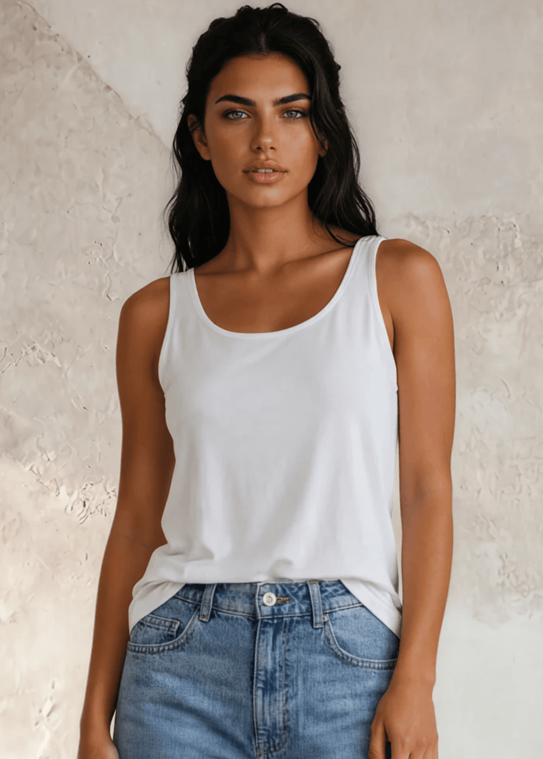 Twenty Four Seven Tank Top | Women's Sustainable and durable premium America-made cotton tank top, in Garment Washed White, Wide Round Neck, Loose Fit, Made with USA grown cotton