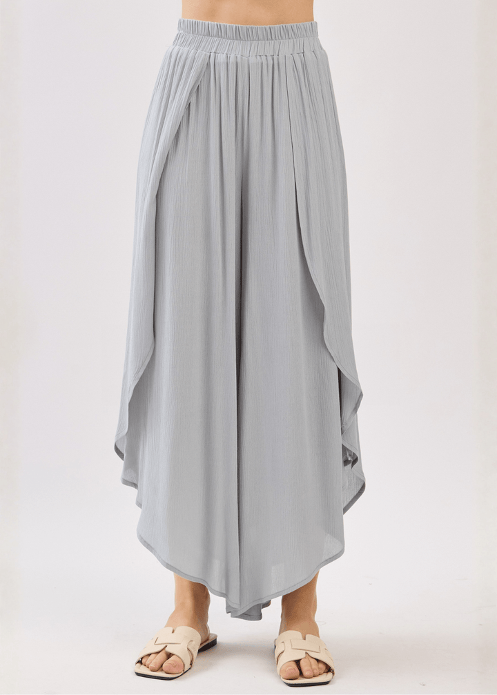 Breezy Gracious Gray flowy pants with elastic waist &amp; overlap split leg detail. Lightweight 100% rayon. Made in USA. Perfect for vacation &amp; resort wear.