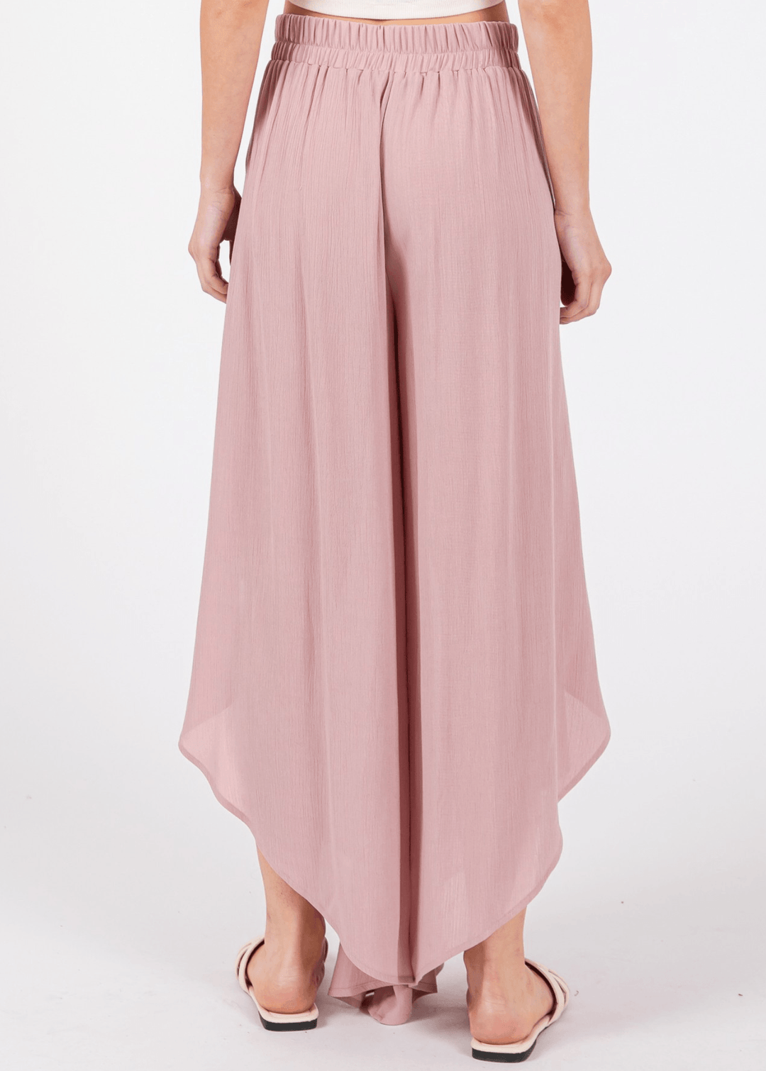 Breezy Dusty Rose flowy pants with elastic waist &amp; overlap split leg detail. Lightweight 100% rayon. Made in USA. Perfect for vacation &amp; resort wear.