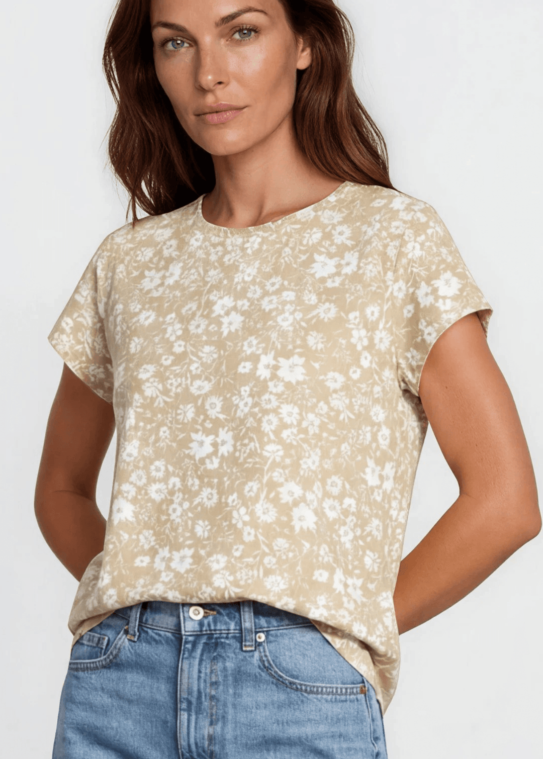 Faith's Floral Print Tee in Taupe. Soft stretch knit, allover ditsy floral, crew neck, regular fit. Effortlessly stylish. Made in USA. Sizes S–XL.