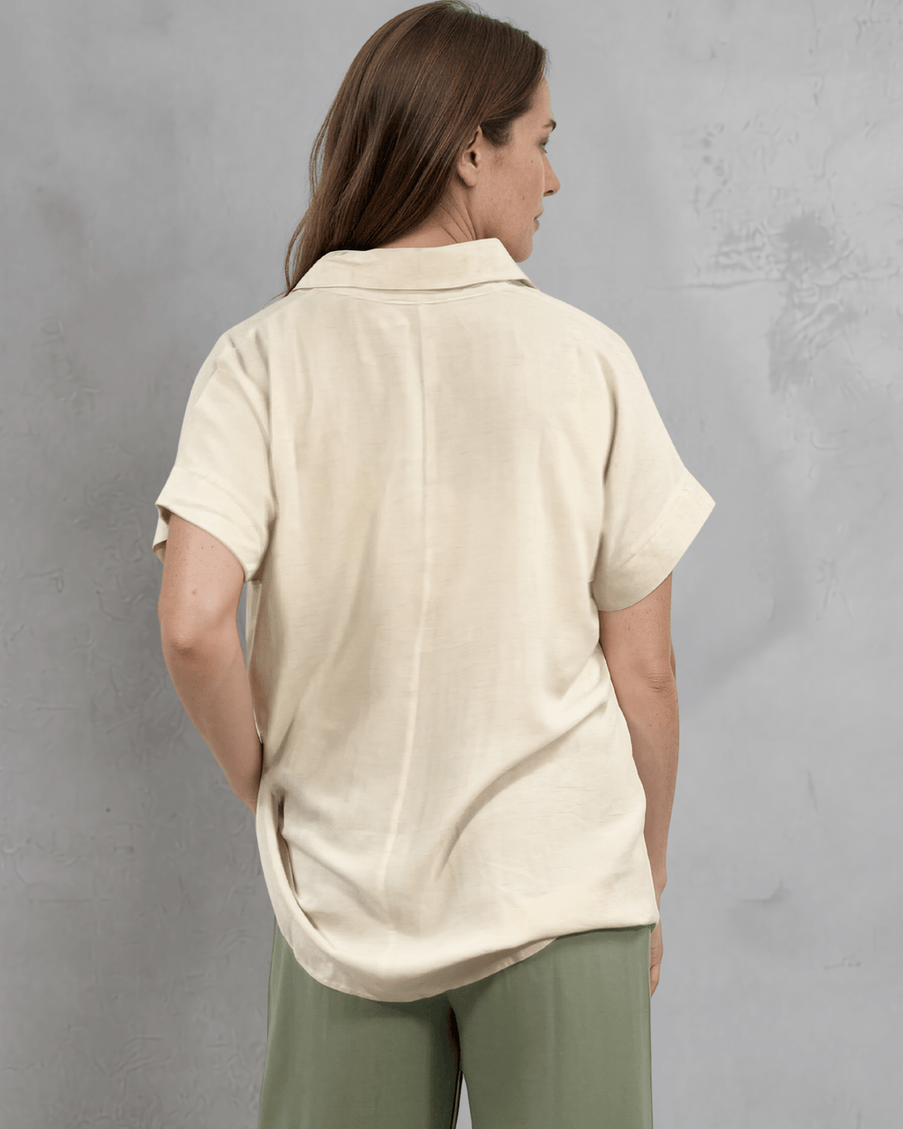 Effortlessly chic linen blend collared top in Natural. Relaxed oversized fit, V-neck, short sleeves. Made in USA. Perfect for summer & resort wear.